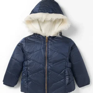 Full Sleeves Fur Detailed Padded Light Winter Hooded Jacket - Navy Blue