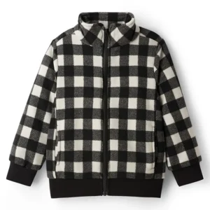 Polar Fleece Knit Full Sleeves Checked Light Winter Jacket - Black