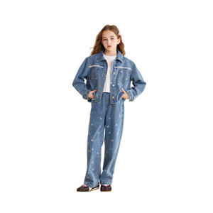 Amzaon European American Casual Trendy Girls Clothing Set Spring Autumn Long-Sleeved Denim Jacket Embroidered Bow Trousers