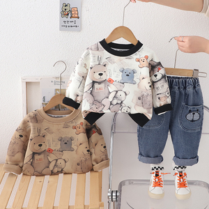 Boys O-Neck Cartoon Bear Long-sleeved Jeans Two-piece Set Children’s Fashion Suit Cool Handsome Set